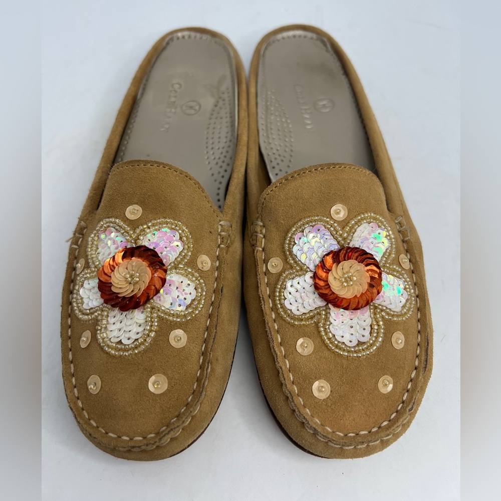 Women’s Cole Haan Floral Sequin & Bead Mules Slides Shies Size 7.5 Mustard